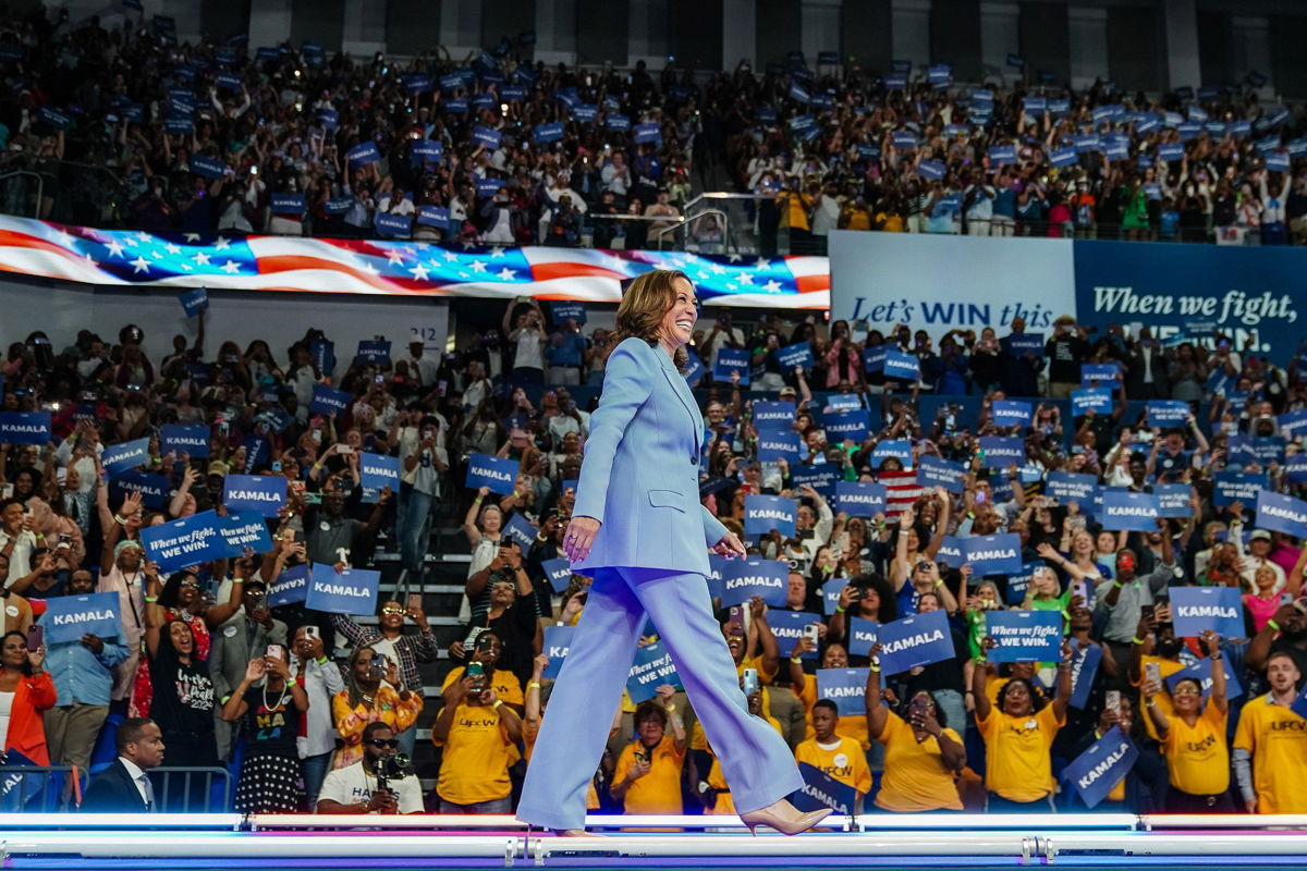 <i>Elijah Nouvelage/AFP/Getty Images via CNN Newsource</i><br/>Vice President and Democratic presidential candidate Kamala Harris arrives to speak at a campaign rally in Atlanta on July 30