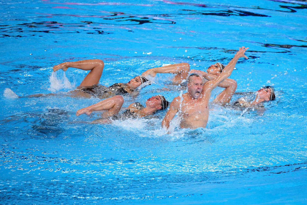 <i>Adam Pretty/Getty Images via CNN Newsource</i><br/>US swimmer Bill May (front) had hoped to become the first man to compete in artistic swimming at the Olympics