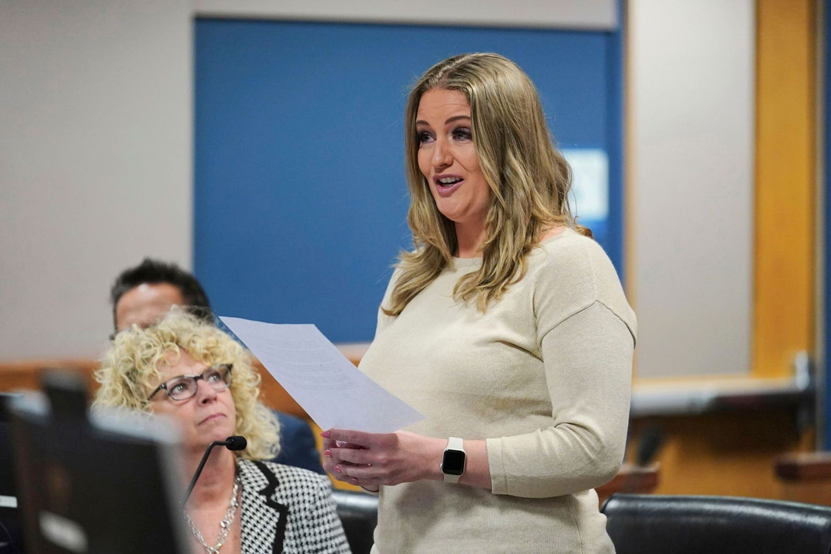 <i>John Bazemore/Pool/AP via CNN Newsource</i><br/>Jenna Ellis reads a statement inside Fulton Superior Court Judge Scott McAfee's Fulton County Courtroom in Oct. 2023