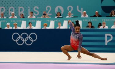 Simone Biles of the United States in action during Monday's floor final at Bercy Arena in Paris.