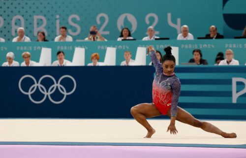 Simone Biles of the United States in action during Monday's floor final at Bercy Arena in Paris.