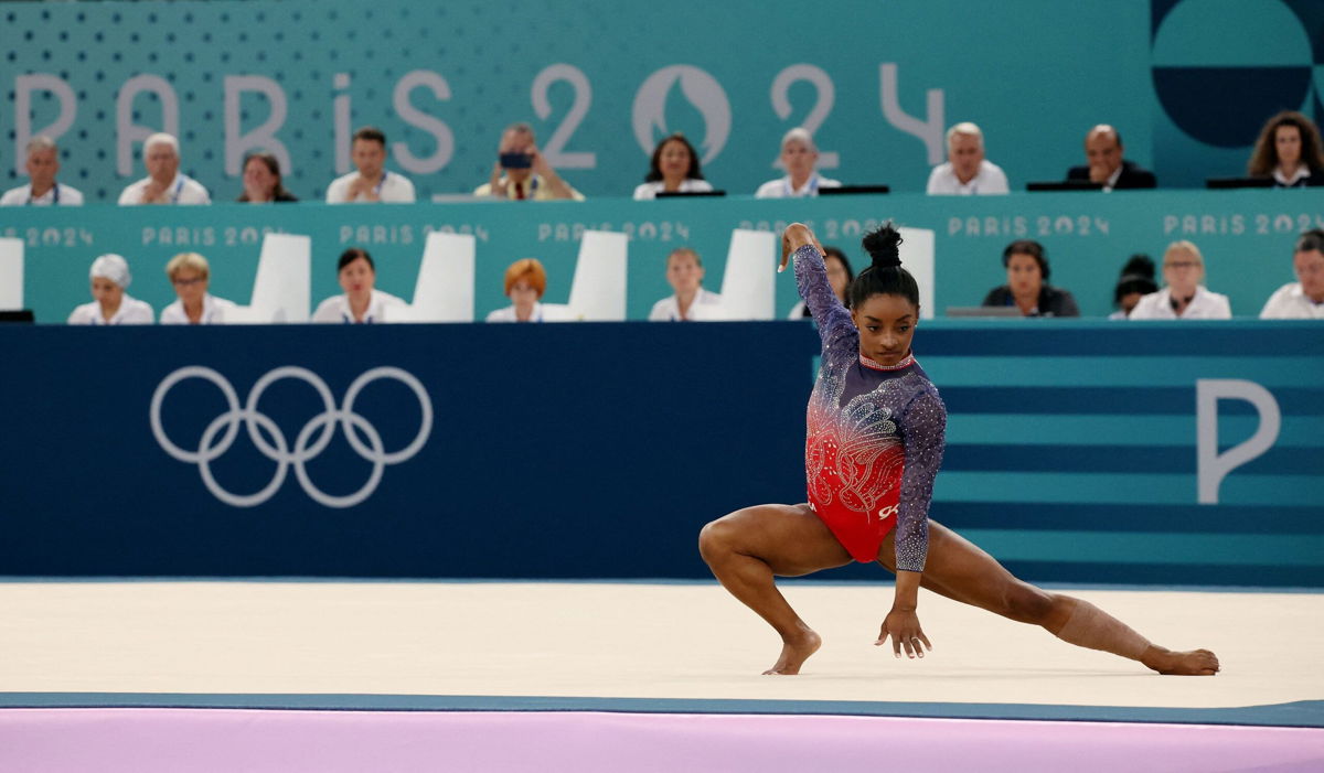 <i>Mike Blake/Reuters via CNN Newsource</i><br/>Simone Biles of the United States in action during Monday's floor final at Bercy Arena in Paris.