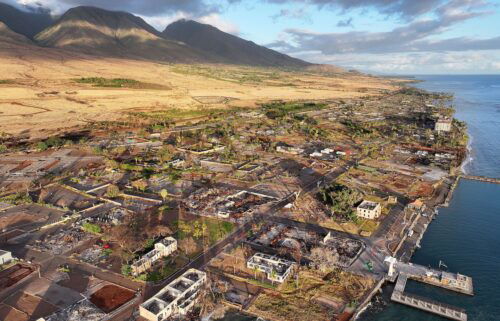 An aerial photo shows damage and renewal one year after a wildfire scorched Lahaina