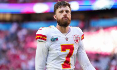 Harrison Butker warms up before the 2023 Super Bowl against the Philadelphia Eagles in Glendale