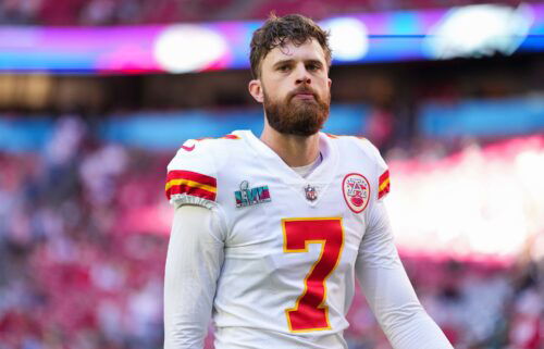 Harrison Butker warms up before the 2023 Super Bowl against the Philadelphia Eagles in Glendale