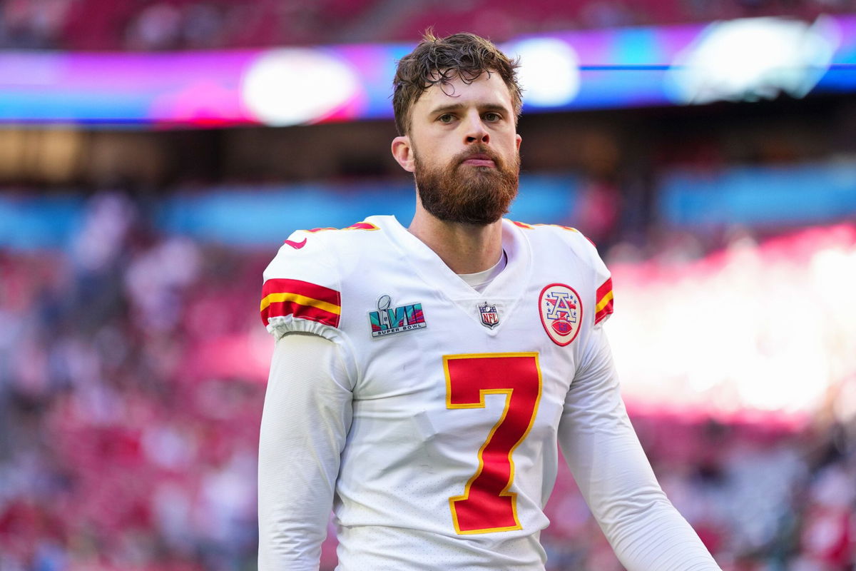 <i>Cooper Neill/Getty Images via CNN Newsource</i><br/>Harrison Butker warms up before the 2023 Super Bowl against the Philadelphia Eagles in Glendale