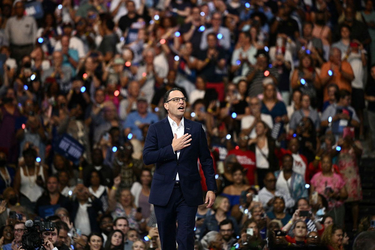 <i>Brendan Smialowski/AFP/Getty Images via CNN Newsource</i><br/>Pennsylvania Governor Josh Shapiro arrives at Temple University's Liacouras Center in Philadelphia