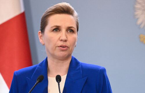 Danish Prime Minister Mette Frederiksen is seen speaking in Warsaw