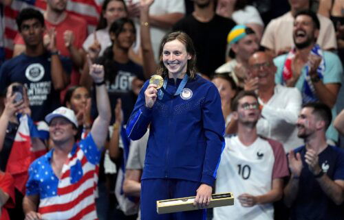 USA's Katie Ledecky poses with her gold medal after winning the women's 1500m freestyle final at the Paris La Defense Arena on the fifth day of the 2024 Paris Olympic Games in France on July 31.