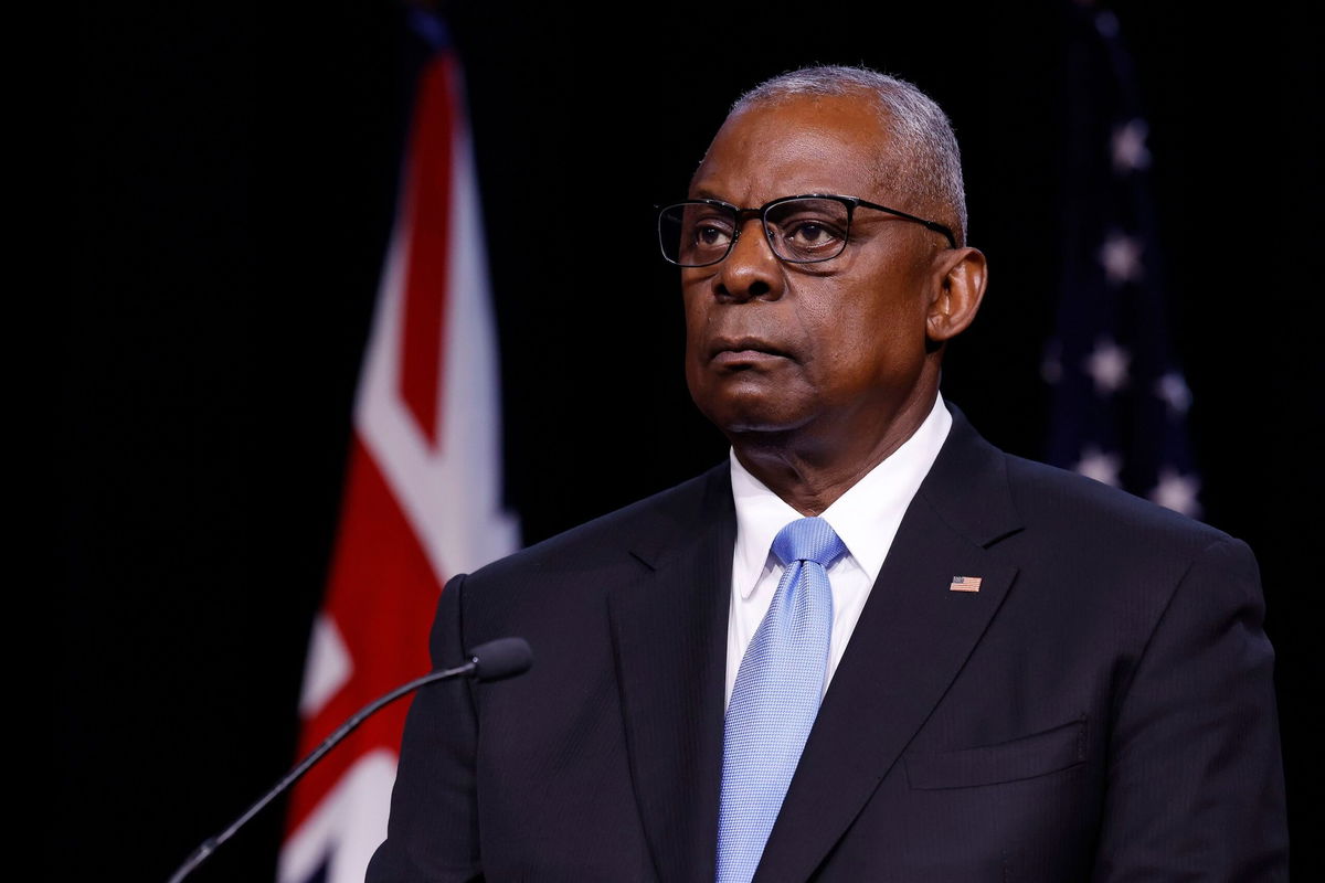 <i>Chip Somodevilla/Getty Images via CNN Newsource</i><br/>Secretary of Defense Lloyd Austin holds a joint news conference at the U.S. Naval Academy on August 6