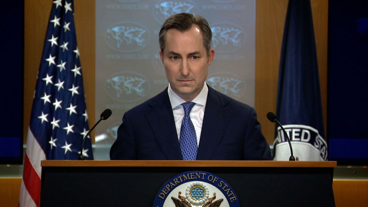 <i>POOL via CNN Newsource</i><br/>State Department Spokesperson Matthew Miller speaks during a press briefing on August 7.