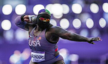 Raven Saunders in action during qualification in the women's shot put at the Paris Olympic Games.