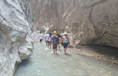 Hard hats are advised in the narrow canyon