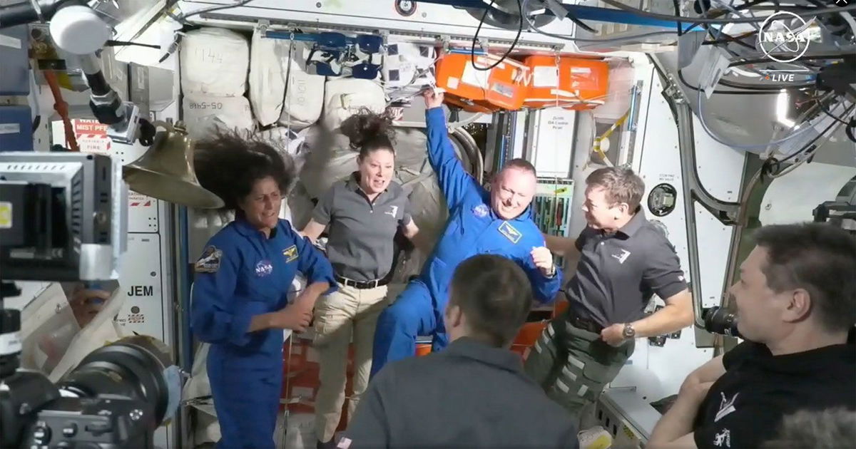 <i>NASA/AP via CNN Newsource</i><br/>NASA astronauts Suni Williams and Butch Wilmore are greeted by the crew of the International Space Station on June 6.