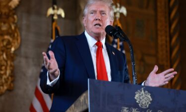 Republican presidential candidate former President Donald Trump speaks during a press conference at his Mar-a-Lago estate.