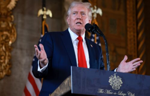 Republican presidential candidate former President Donald Trump speaks during a press conference at his Mar-a-Lago estate.