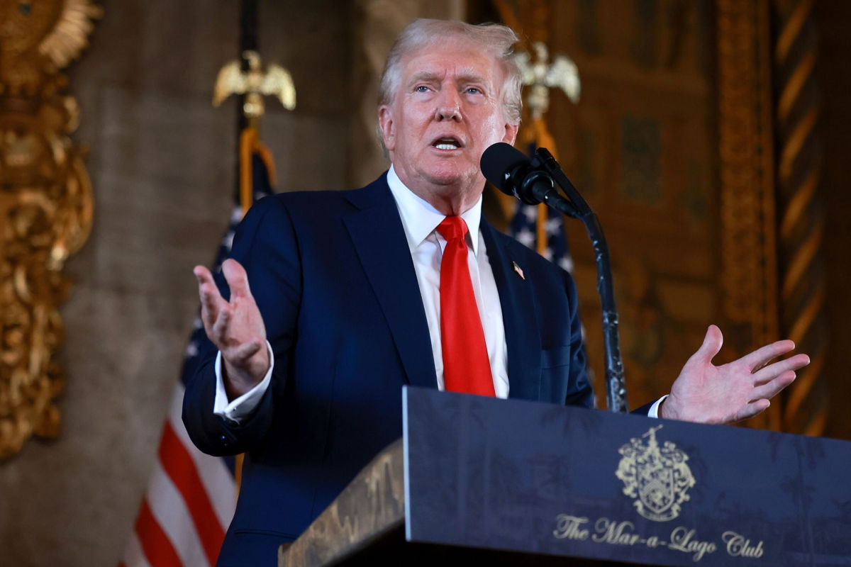 <i>Joe Raedle/Getty Images via CNN Newsource</i><br/>Republican presidential candidate former President Donald Trump speaks during a press conference at his Mar-a-Lago estate.