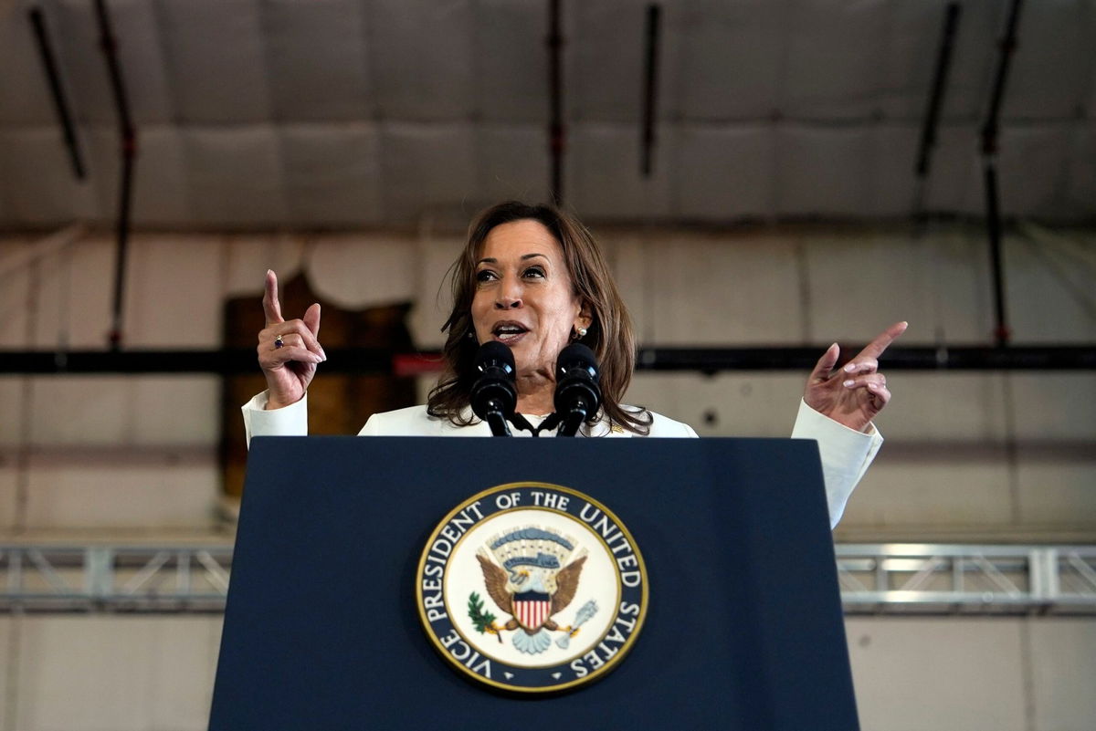 <i>Julia Nikhinson/AP via CNN Newsource</i><br/>Kamala Harris speaks pictured speaking at the campaign rally at Detroit Metropolitan Airport on August 7.