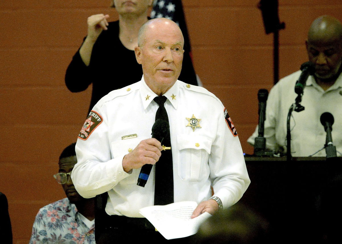 <i>Thomas J. Turney/The State Journal/USA Today Network via CNN Newsource</i><br/>Sangamon County Sheriff Jack Campbell speaks during a listening session at Union Baptist Church on July 29