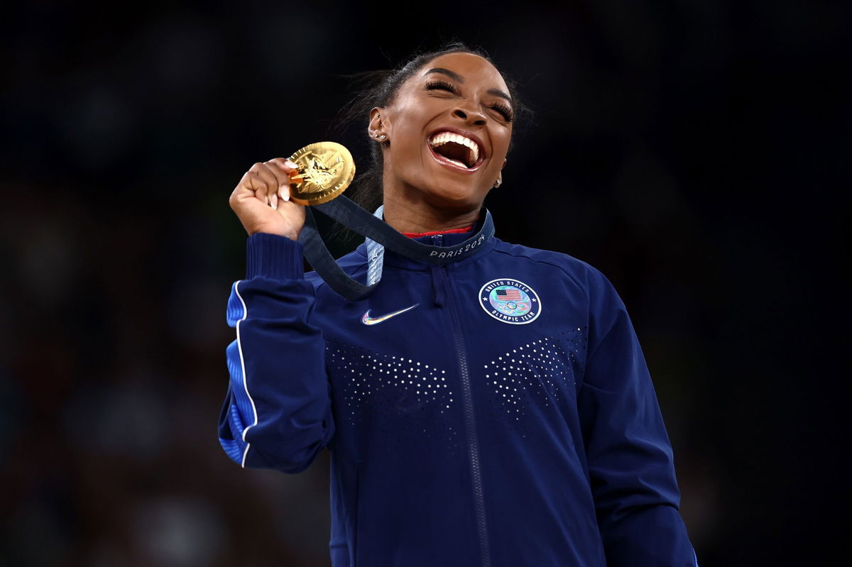 <i>Naomi Baker/Getty Images via CNN Newsource</i><br/>Simone Biles wins gold in the vault at the 2024 Paris Olympics.