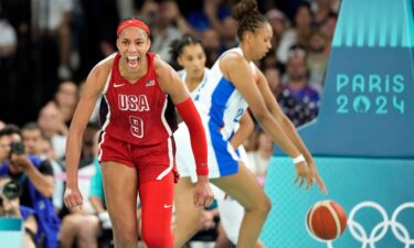 A'Ja Wilson reacts in the second half against France in the women's gold medal game.