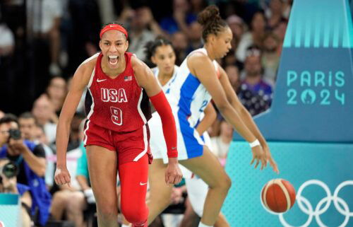 A'Ja Wilson reacts in the second half against France in the women's gold medal game.