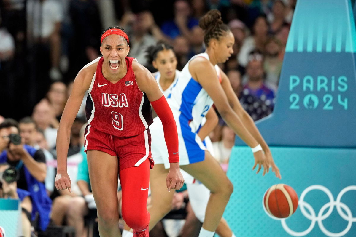 <i>Kyle Terada/USA Today Sports/Reuters via CNN Newsource</i><br/>A'Ja Wilson reacts in the second half against France in the women's gold medal game.