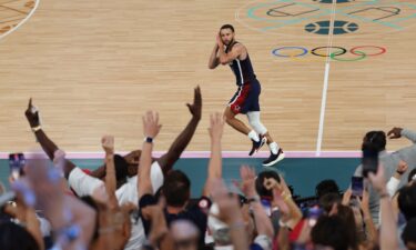 Stephen Curry after a three point basket during the Men's Gold Medal game between Team France and Team United States on day fifteen of the Olympic Games Paris 2024 at Bercy Arena on August 10.