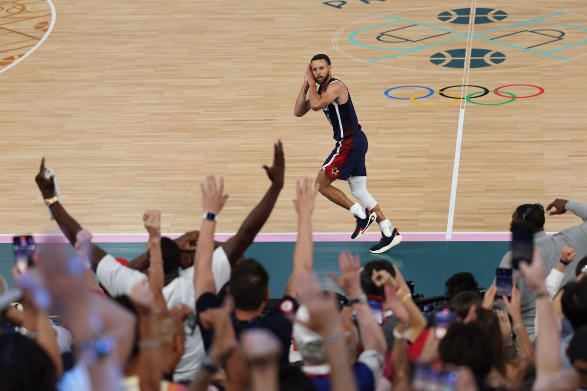 <i>Jamie Squire/Getty Images via CNN Newsource</i><br/>Stephen Curry after a three point basket during the Men's Gold Medal game between Team France and Team United States on day fifteen of the Olympic Games Paris 2024 at Bercy Arena on August 10.