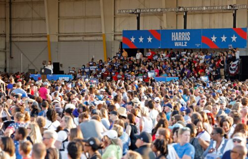 US Vice President and 2024 Democratic presidential candidate Kamala Harris speaks during a campaign rally at Detroit Metropolitan Airport in Romulus