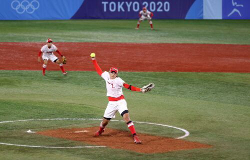 Yukiko Ueno pitches in the softball gold medal game between Japan and the United States during the Tokyo 2020 Olympics.