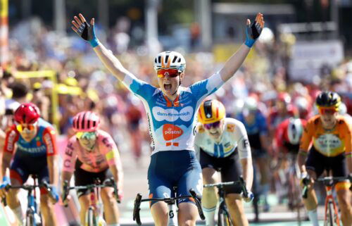 Charlotte Kool celebrates during stage 1 of the Tour de France Femmes in The Hague