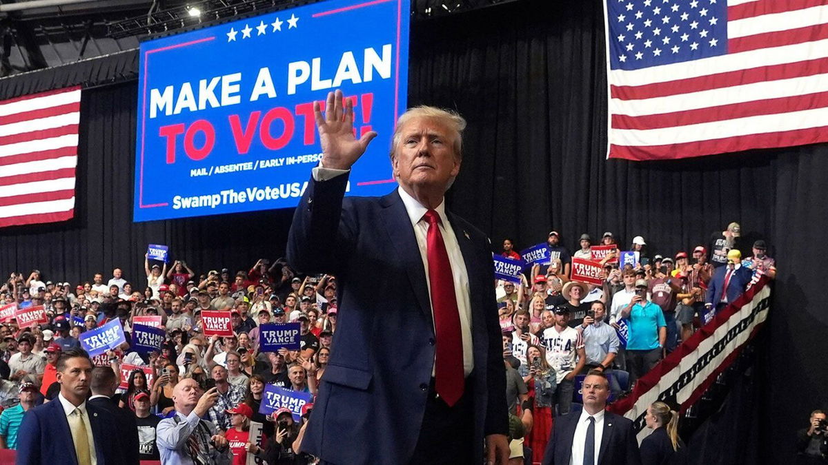 <i>Rick Bowmer/AP via CNN Newsource</i><br/>Former President Donald Trump gestures after speaking at a campaign rally in Bozeman