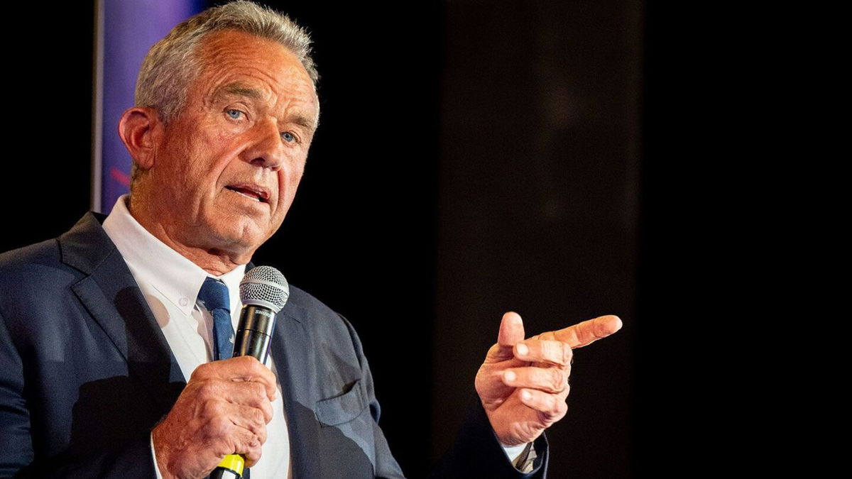 <i>Brandon Bell/Getty Images/File via CNN Newsource</i><br/>Independent presidential candidate Robert F. Kennedy Jr. speaks to attendees during a campaign rally at Brazos Hall on May 13