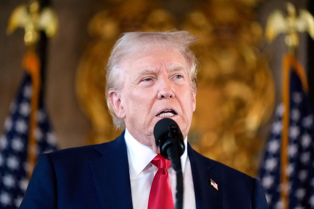 <i>Alex Brandon/AP via CNN Newsource</i><br/>Republican presidential nominee former President Donald Trump speaks to reporters at his Mar-a-Lago club