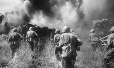 Soviet infantry in combat during the Battle of Kursk in 1943 in Russia. It was World War II battle between German and Soviet forces on the Eastern Front fought from July 5 till August 23