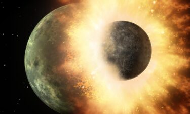 An artist's concept shows a celestial body about the size of our moon slamming at great speed into a body the size of Mercury. Scientists think that a Mars-size body crashed into Earth and that the molten debris flung into space formed the moon.