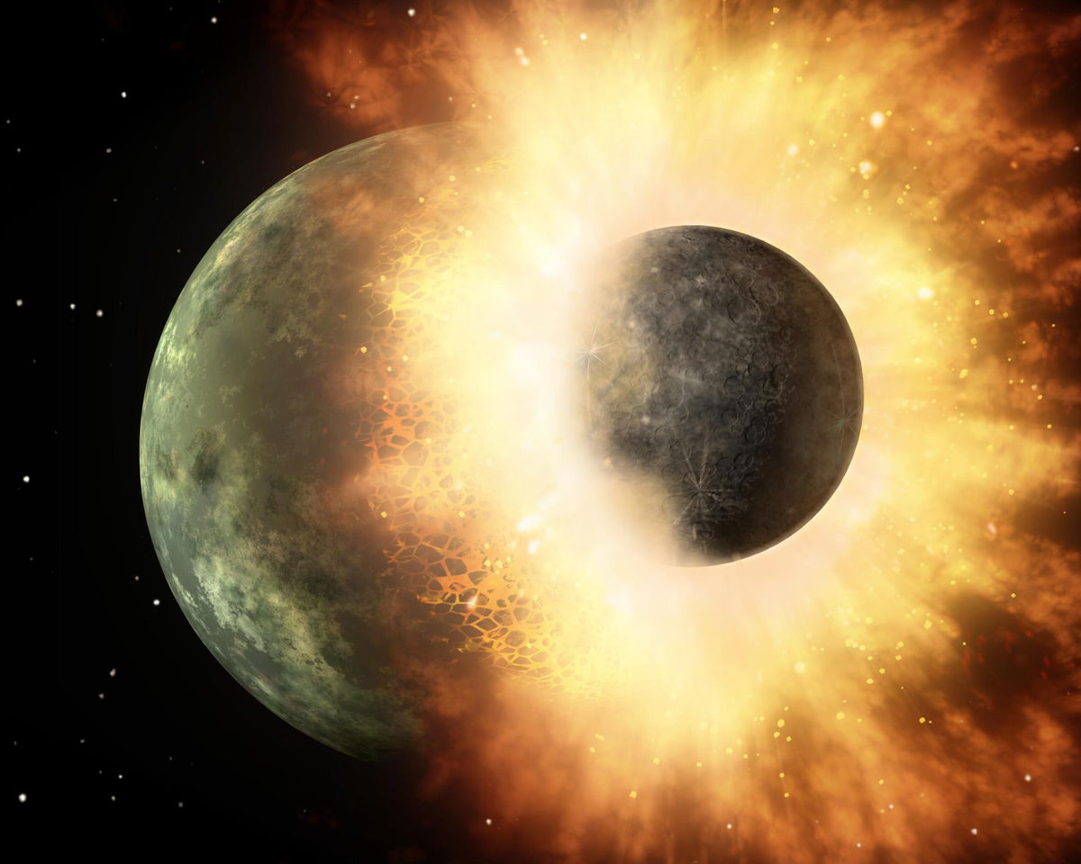 <i>NASA via CNN Newsource</i><br/>An artist's concept shows a celestial body about the size of our moon slamming at great speed into a body the size of Mercury. Scientists think that a Mars-size body crashed into Earth and that the molten debris flung into space formed the moon.