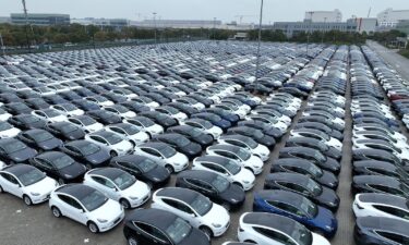 Tesla electric vehicles for export parked at Nangang Port in Shanghai