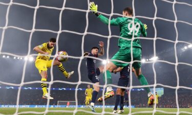 Mats Hummels scores for Borussia Dortmund against Paris Saint-Germain during the 2023/24 Champions League semifinal.