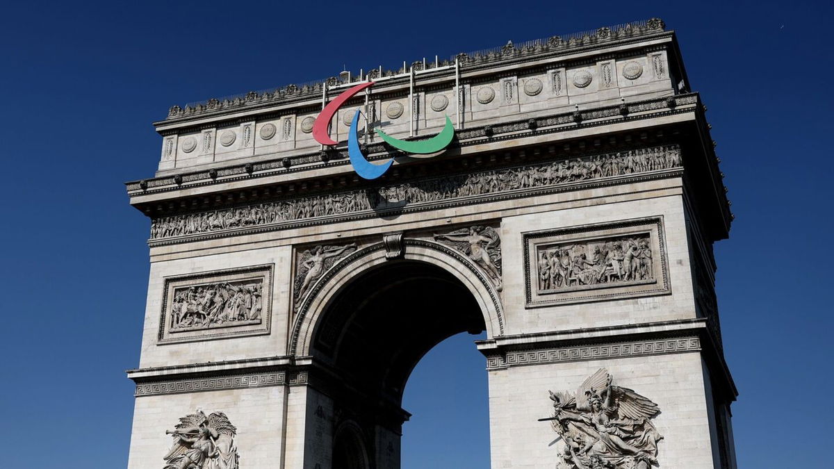 <i>Naomi Baker/Getty Images via CNN Newsource</i><br/>The Paralympic logo is displayed on the Arc de Triomphe ahead of the 2024 Paralympic Games in Paris.