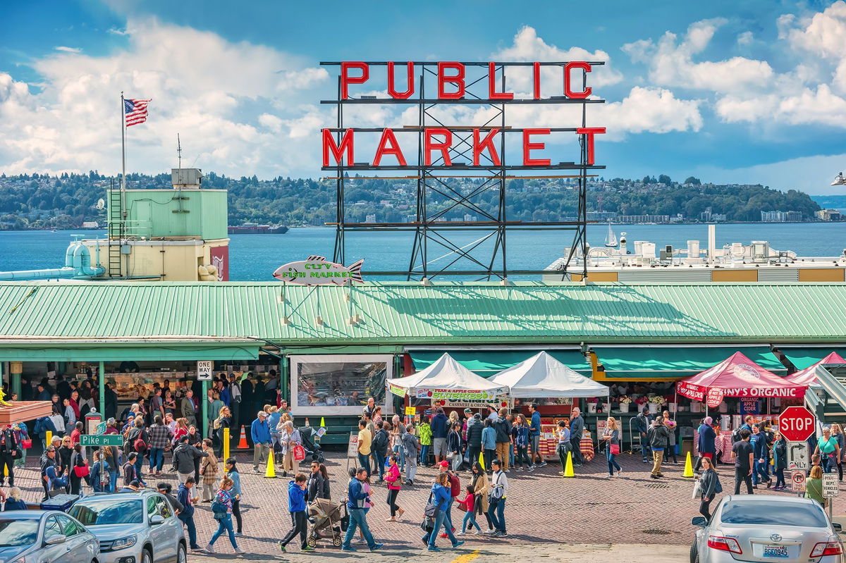 <i>benedek/iStock Unreleased/Getty Images via CNN Newsource</i><br/>People walk at the Pike Place Market in Seattle. Washington State's largest city is the No. 1 Labor Day destination