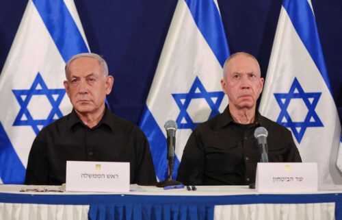 Israeli Prime Minister Benjamin Netanyahu and Defense Minister Yoav Gallant at a press conference in Tel Aviv on October 28