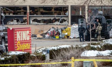 Authorities respond to a King Soopers grocery store after a shooting in March 2021 in Boulder