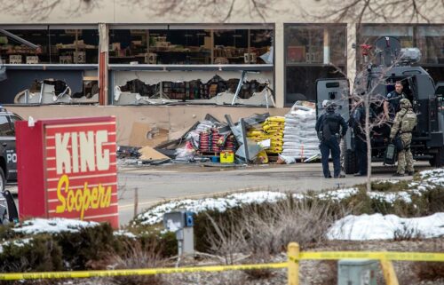 Authorities respond to a King Soopers grocery store after a shooting in March 2021 in Boulder