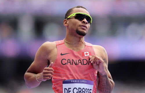 Andre de Grasse of Canada looks on during the first round of the men's 100m on day eight of the Paris Olympics at the Stade de France on August 03