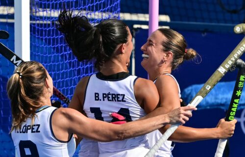 Belen Iglesias celebrates scoring her team's first goal in the women's Pool B field hockey match between Spain and South Africa during the Paris 2024 Olympic Games at the Yves-du-Manoir Stadium in Colombes on August 1