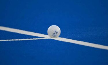 A view of the match ball bearing the Paris 2024 logo in the men's Pool B field hockey match between Australia and Belgium during the Paris Olympics at the Yves-du-Manoir Stadium in Colombes on July 30