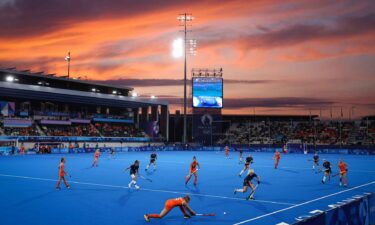 A general view as the sun sets during play in the women's Pool A match between the Netherlands and France on day one of the Paris Olympics at Stade Yves Du Manoir on July 27