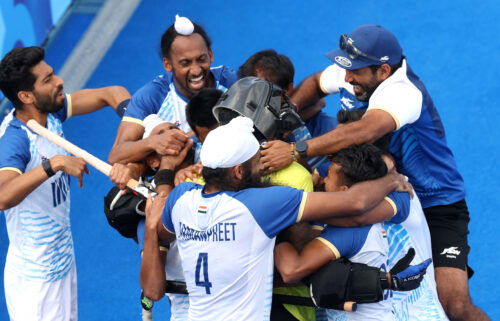 India celebrates a victory in the men's quarterfinal match between India and Great Britain on day nine of the Paris Olympics at Stade Yves Du Manoir on August 04